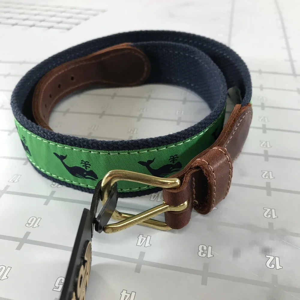 Preston Belt Boys One Size Green Whale Ribbon Navy Web Leather Canvas Made USA